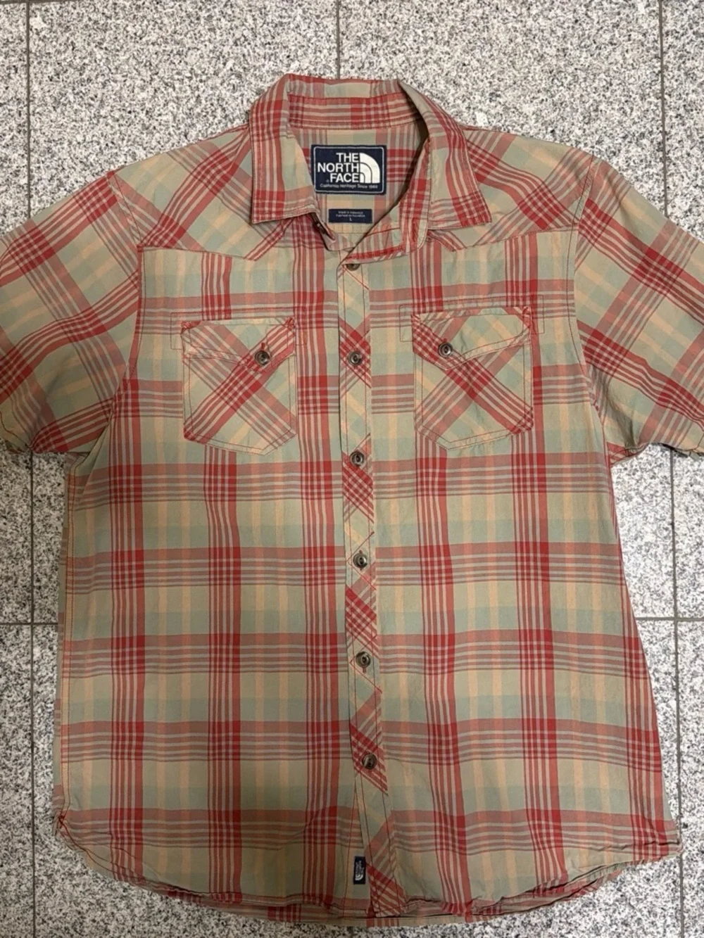 The North Face Red and Tan Plaid Short-Sleeve Button Down Shirt